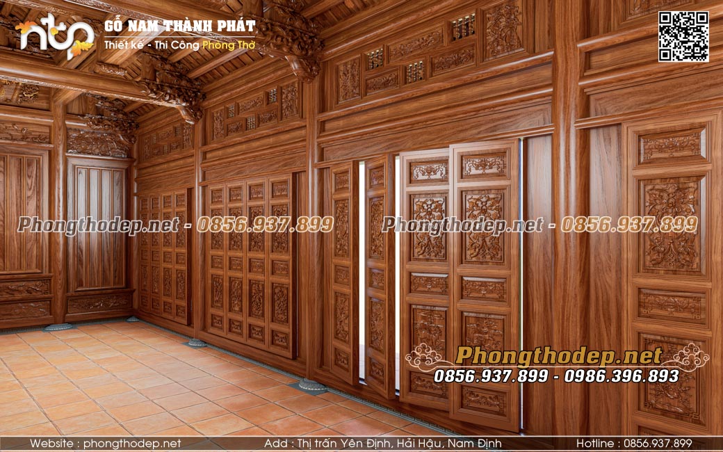 Cửa bức bàn trong nội thất nhà gỗ 5 gian